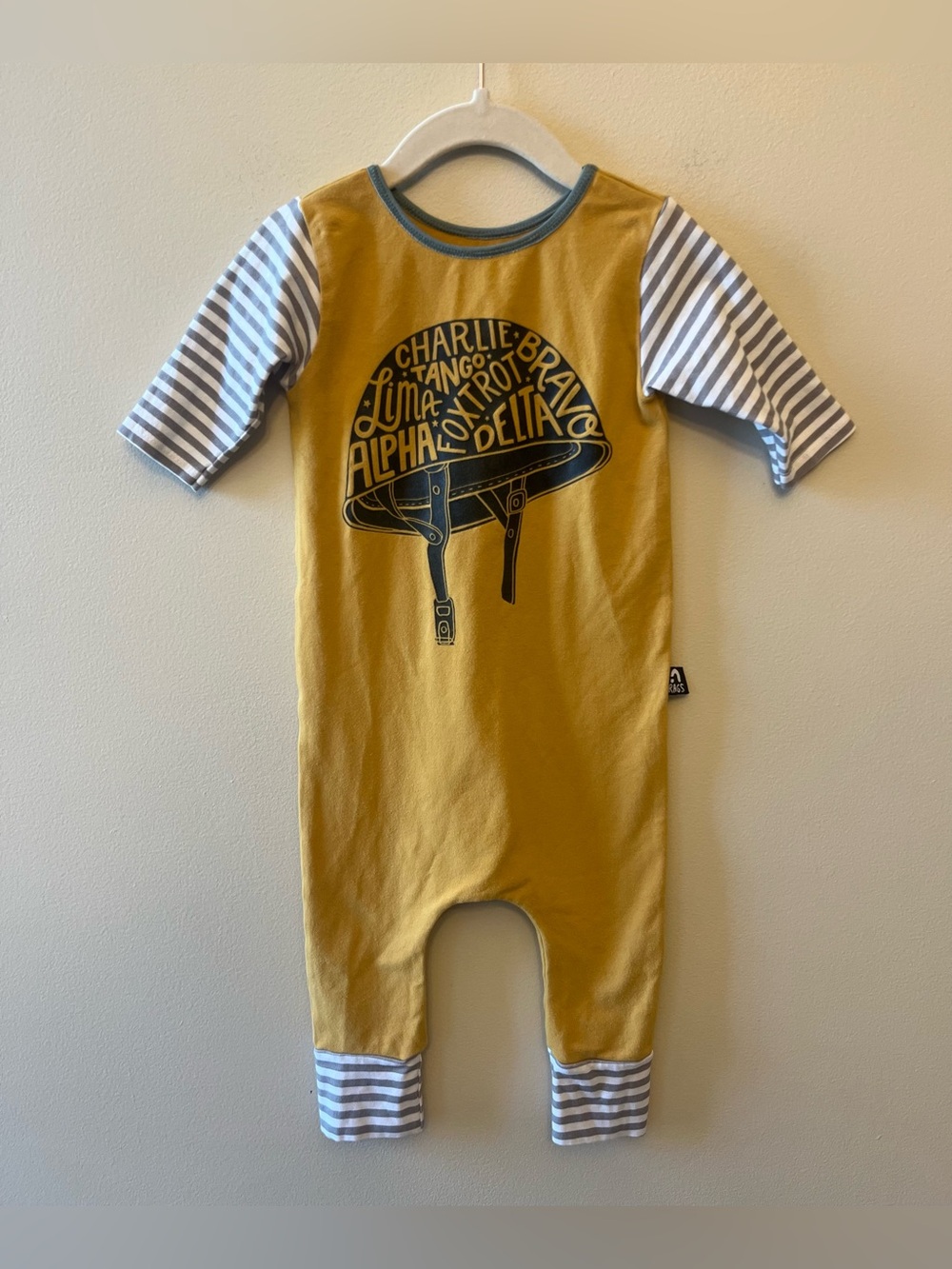 Rags Phonetic Helmet Romper 18-24 Month Mustard Body Striped Sleeves and Cuffs